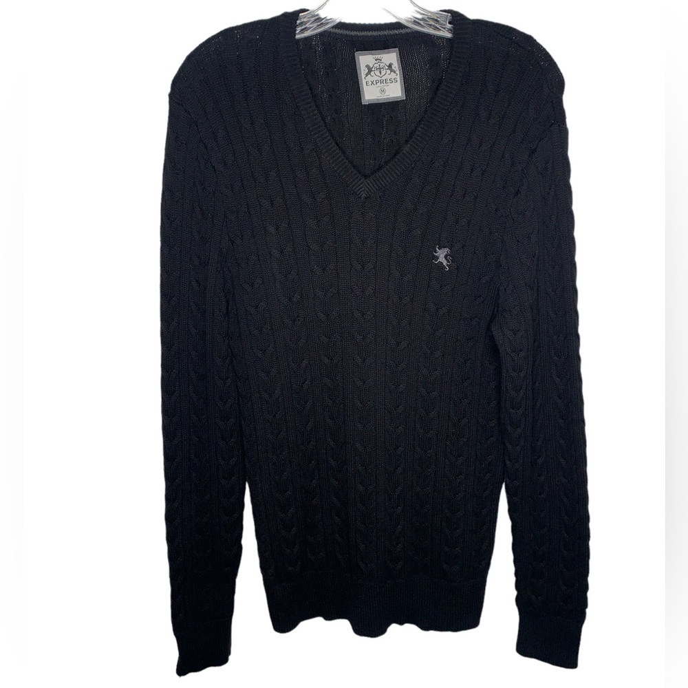 Express Mens Size M Cable Knit Sweater V-Neck Black